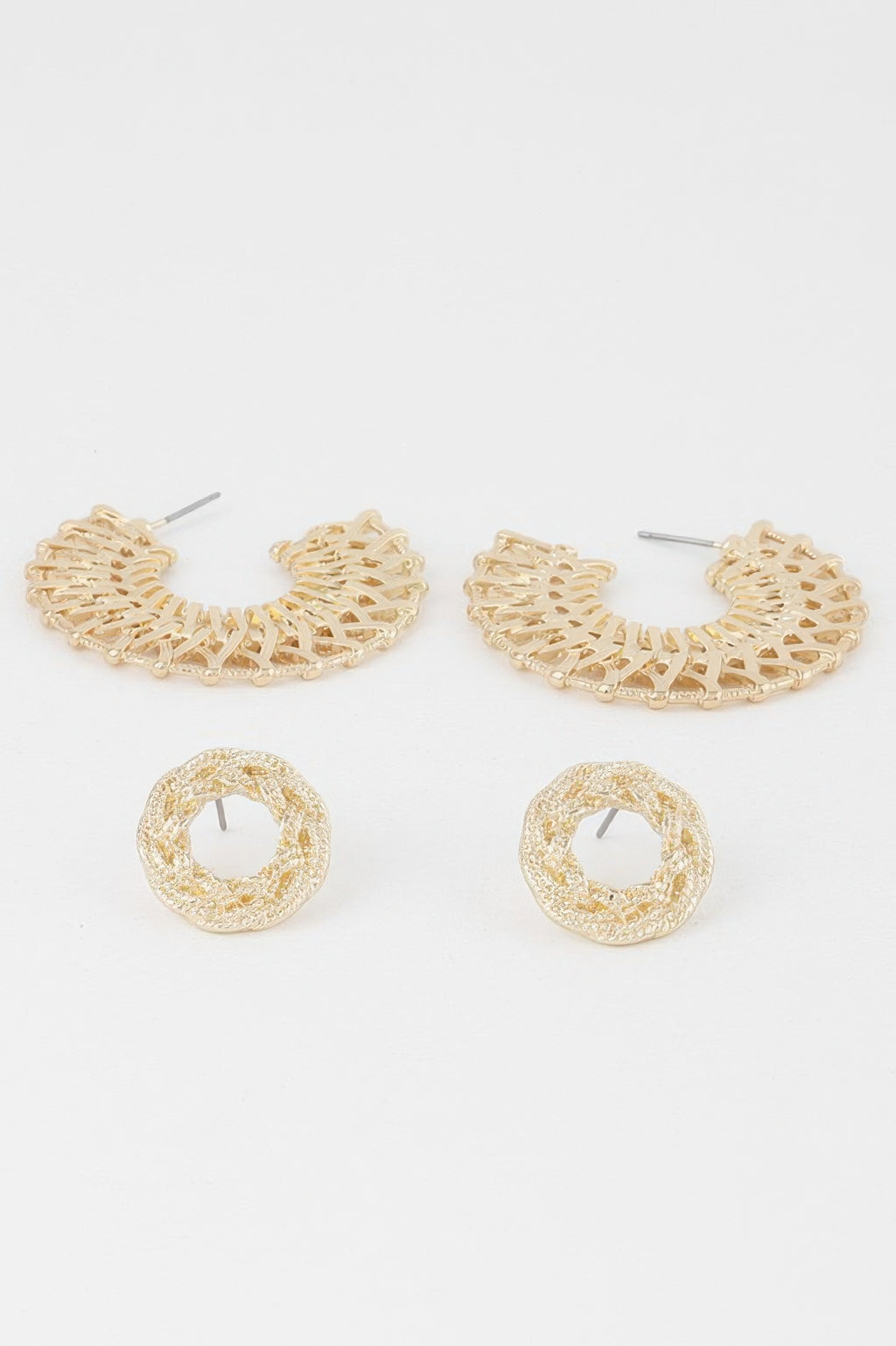 Gold metallic braided hoop earrings set with stud post and small backing discs