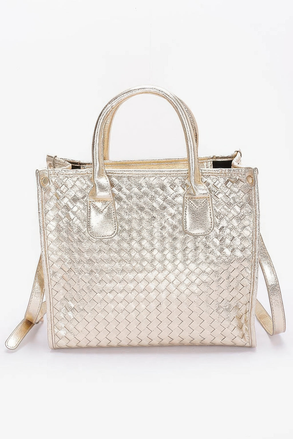 Metallic braided tote bag in silver with double handle and side pockets