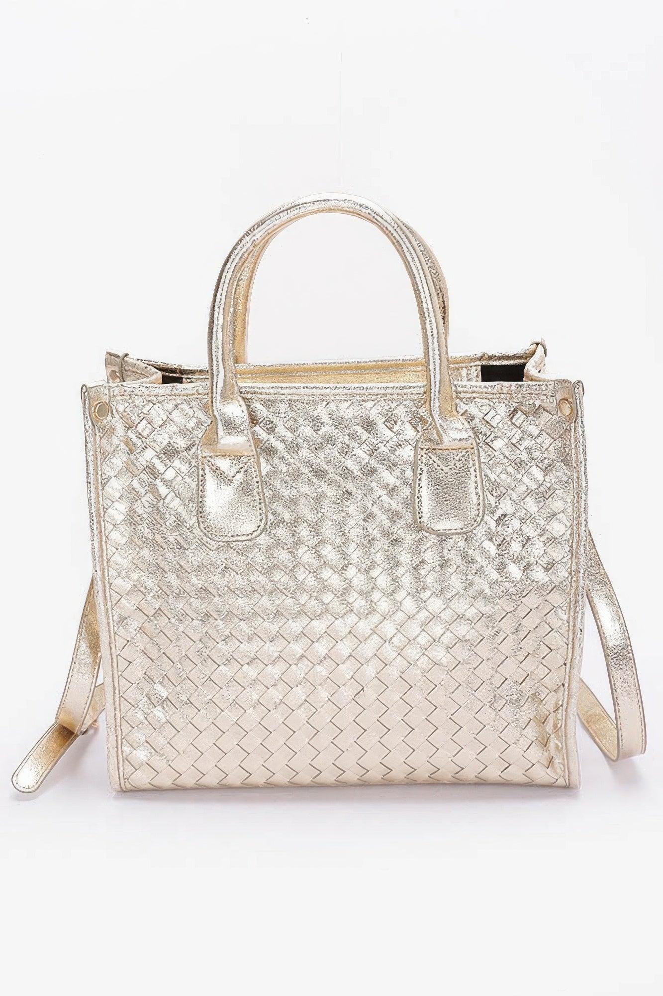 Metallic braided tote bag in silver with double handle and side pockets
