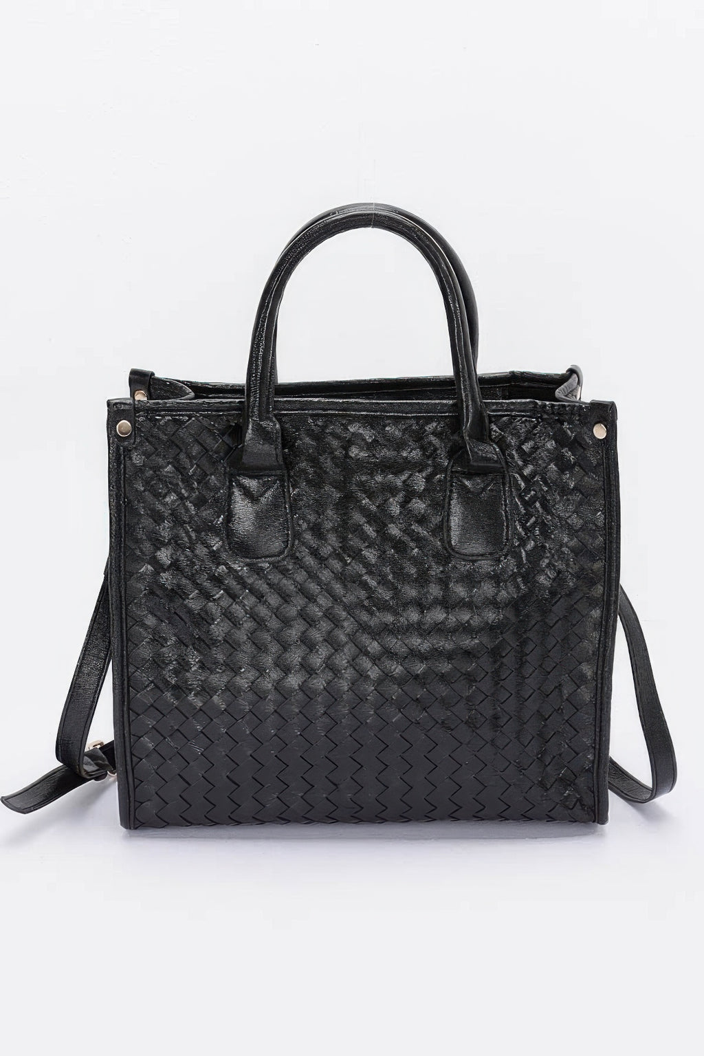 Metallic braided tote bag in black with double handles and shoulder strap