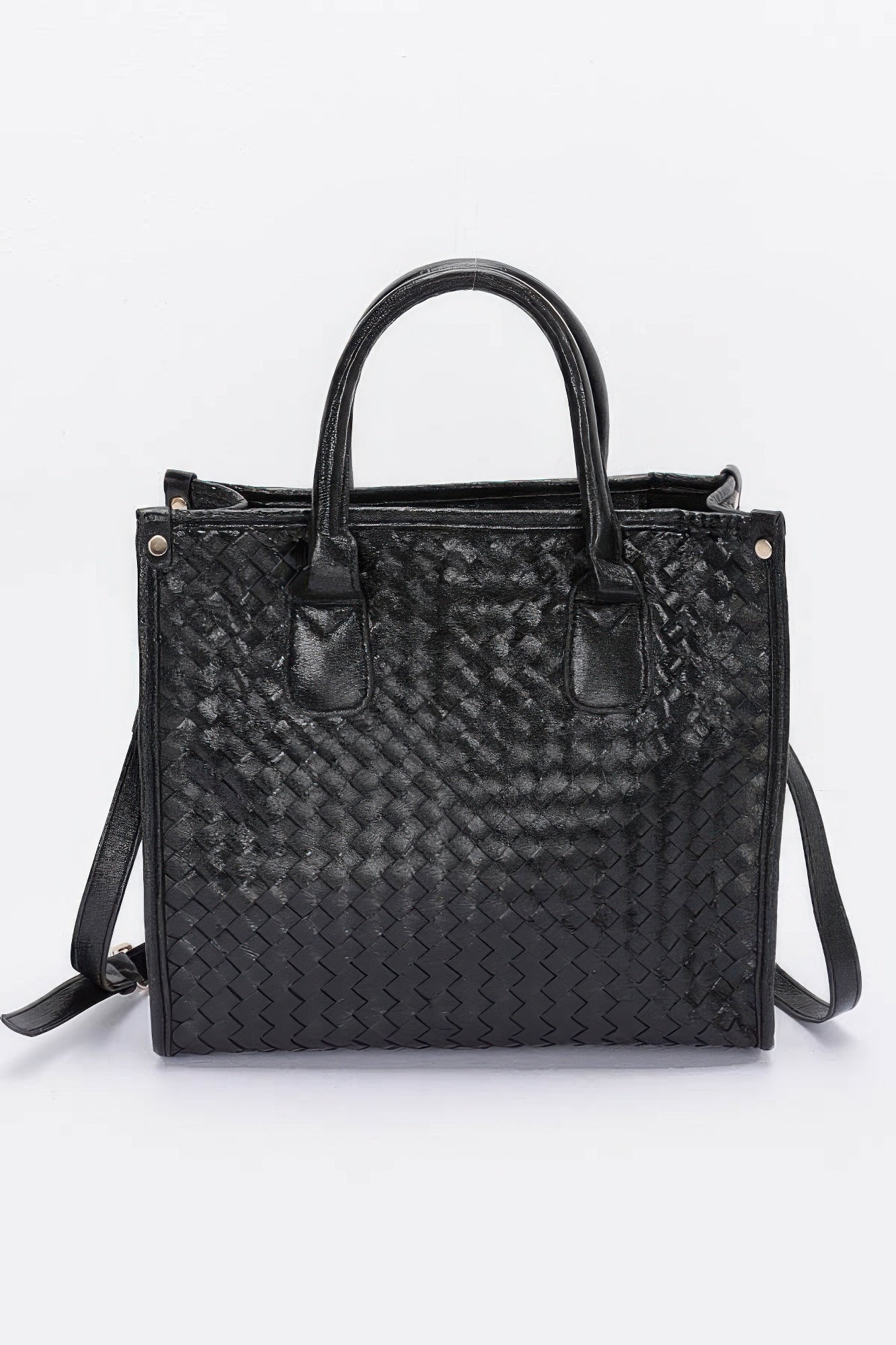 Metallic braided tote bag in black with double handles and shoulder strap