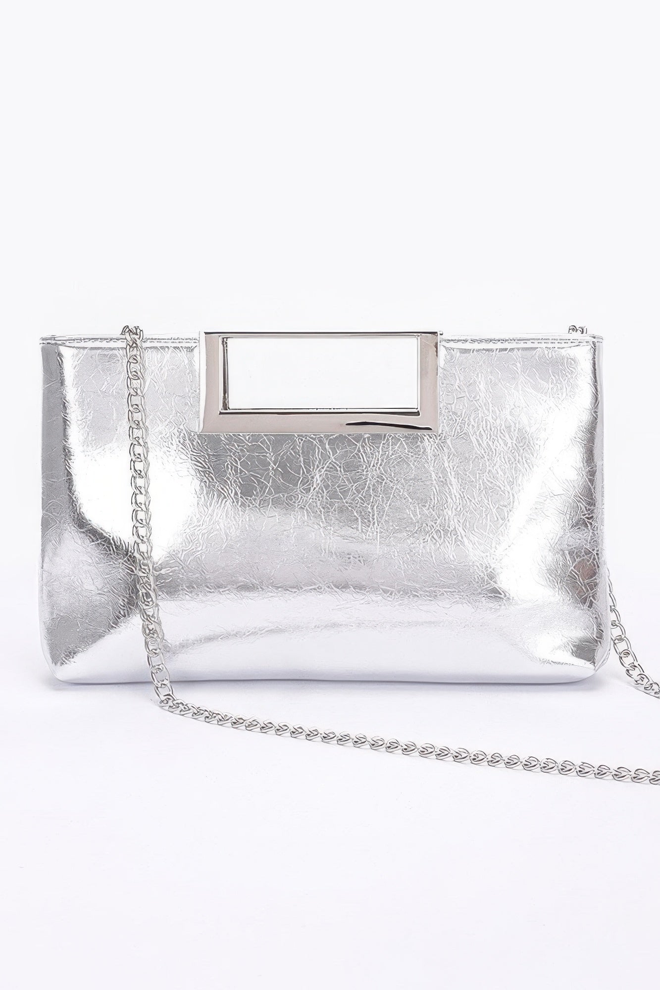 Silver metallic leather clutch, front frame detail with shoulder chain