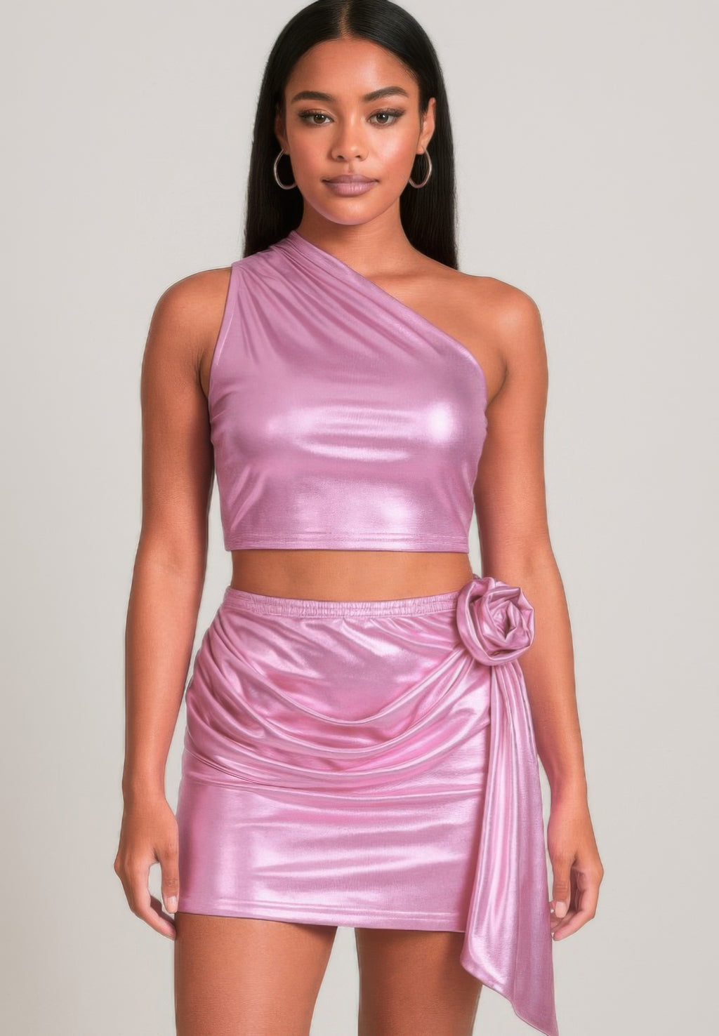 Metallic one-shoulder crop top and mini skirt set, mauve satin sheen, front bow detail