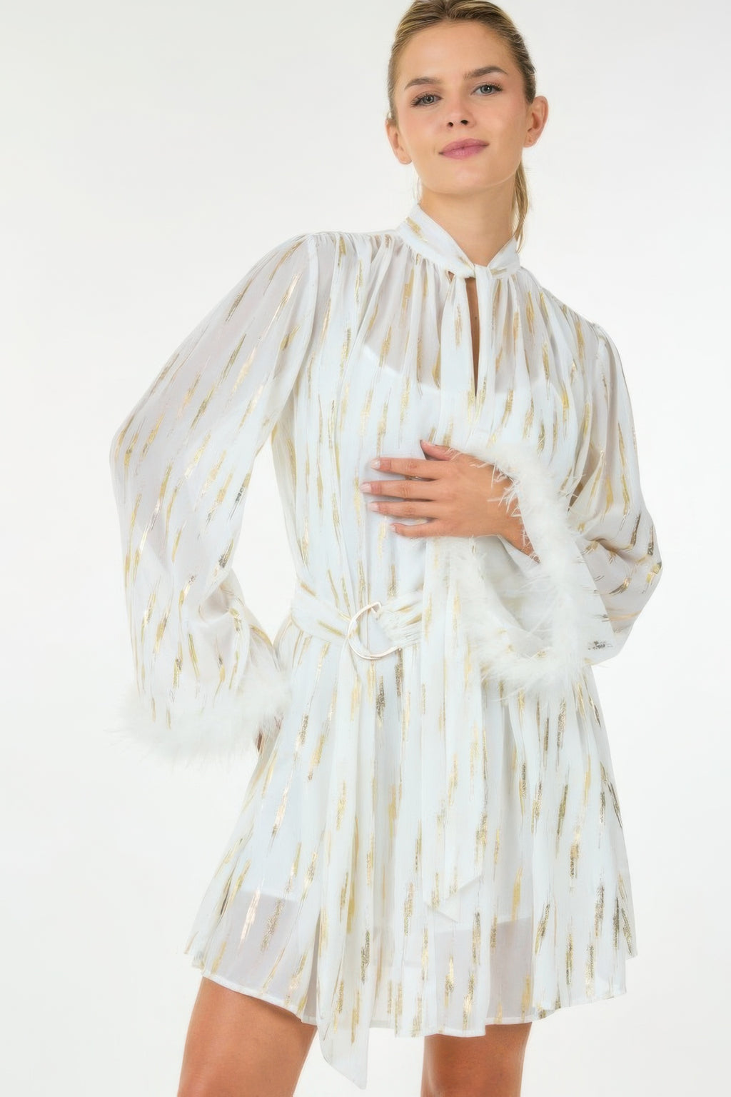 Metallic print short dress in white with gold streaks, tie-neck and puff sleeves