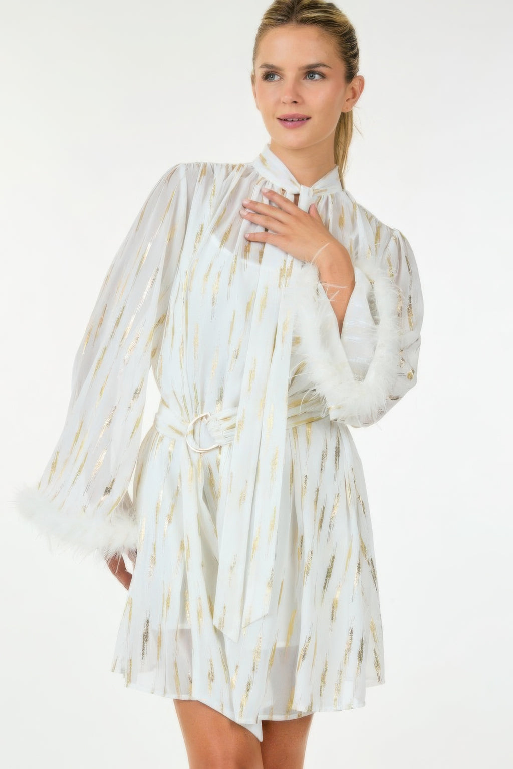 White metallic print short dress with belted waist, keyhole tie neck, flowy skirt