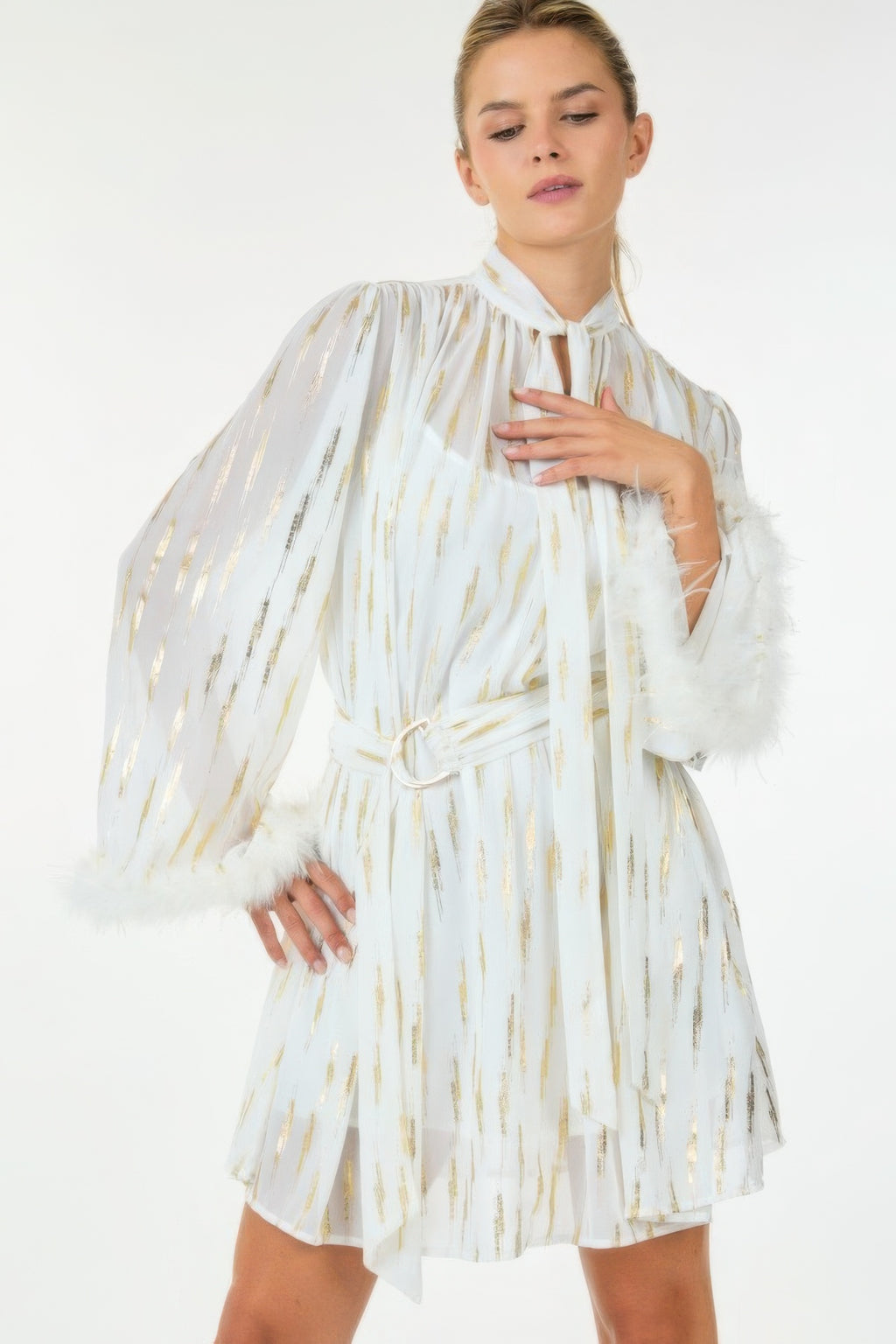Metallic print short dress, white/gold streaks; wide keyhole collar with drawstring belt