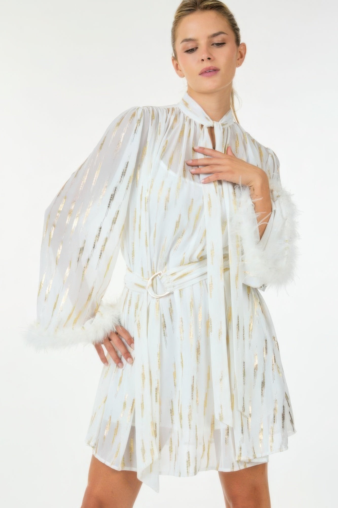 Metallic print short dress, white/gold streaks; wide keyhole collar with drawstring belt