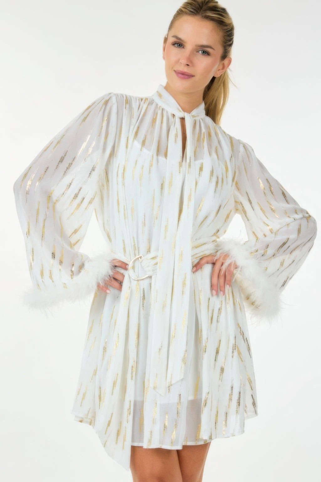 White metallic print short dress, puff sleeves with feathered cuffs and drawstring waist