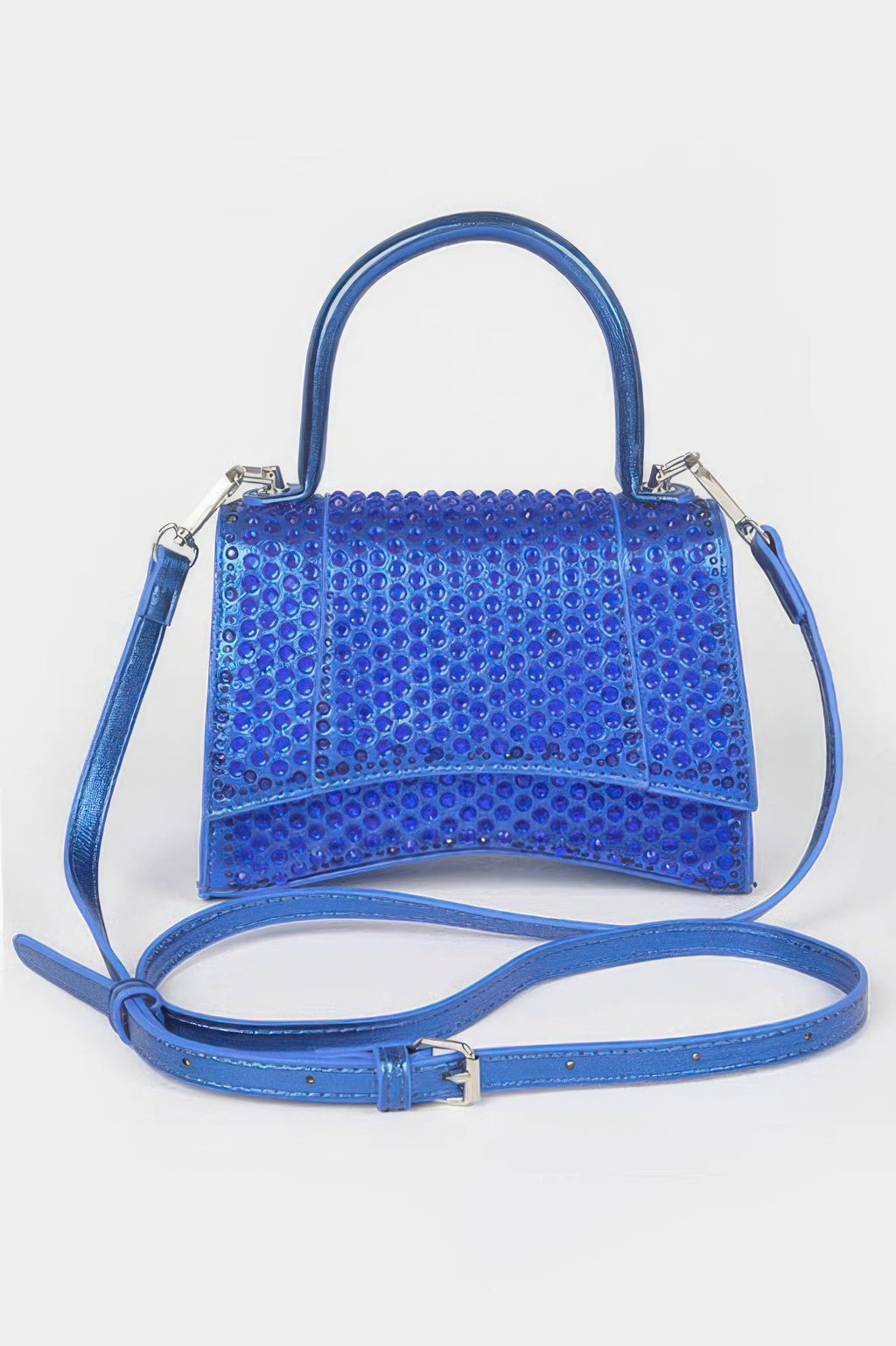 Metallic rhinestone hotfix top-handle flap bag, cobalt blue, with crossbody strap