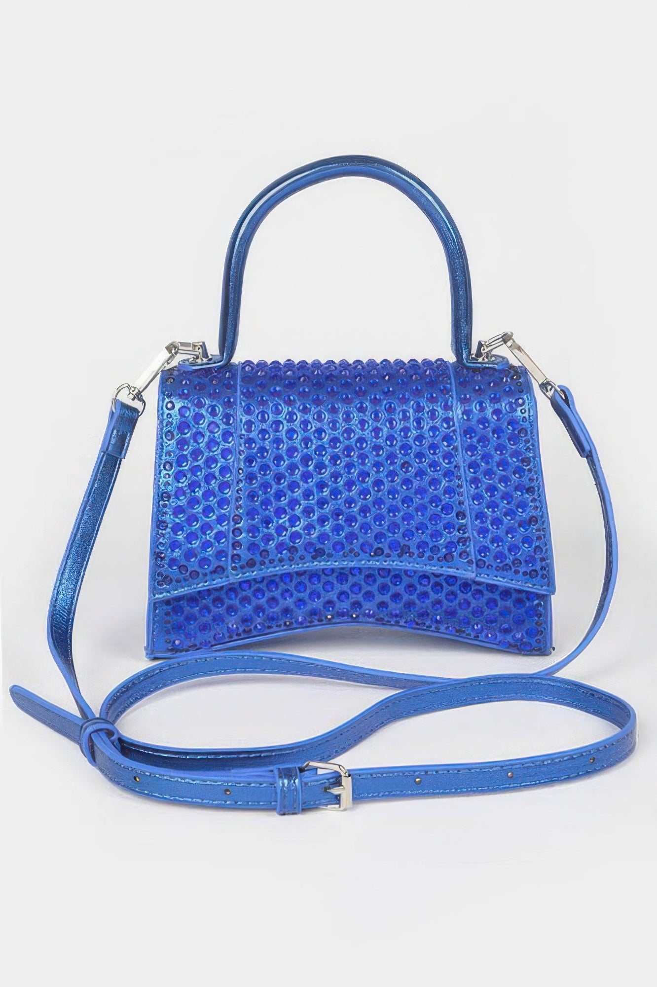 Metallic rhinestone hotfix top-handle flap bag, cobalt blue, with crossbody strap