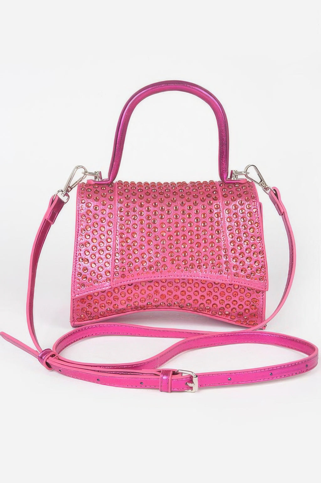 Metallic rhinestone hotfix top-handle flap bag, fuchsia pink, with crossbody strap