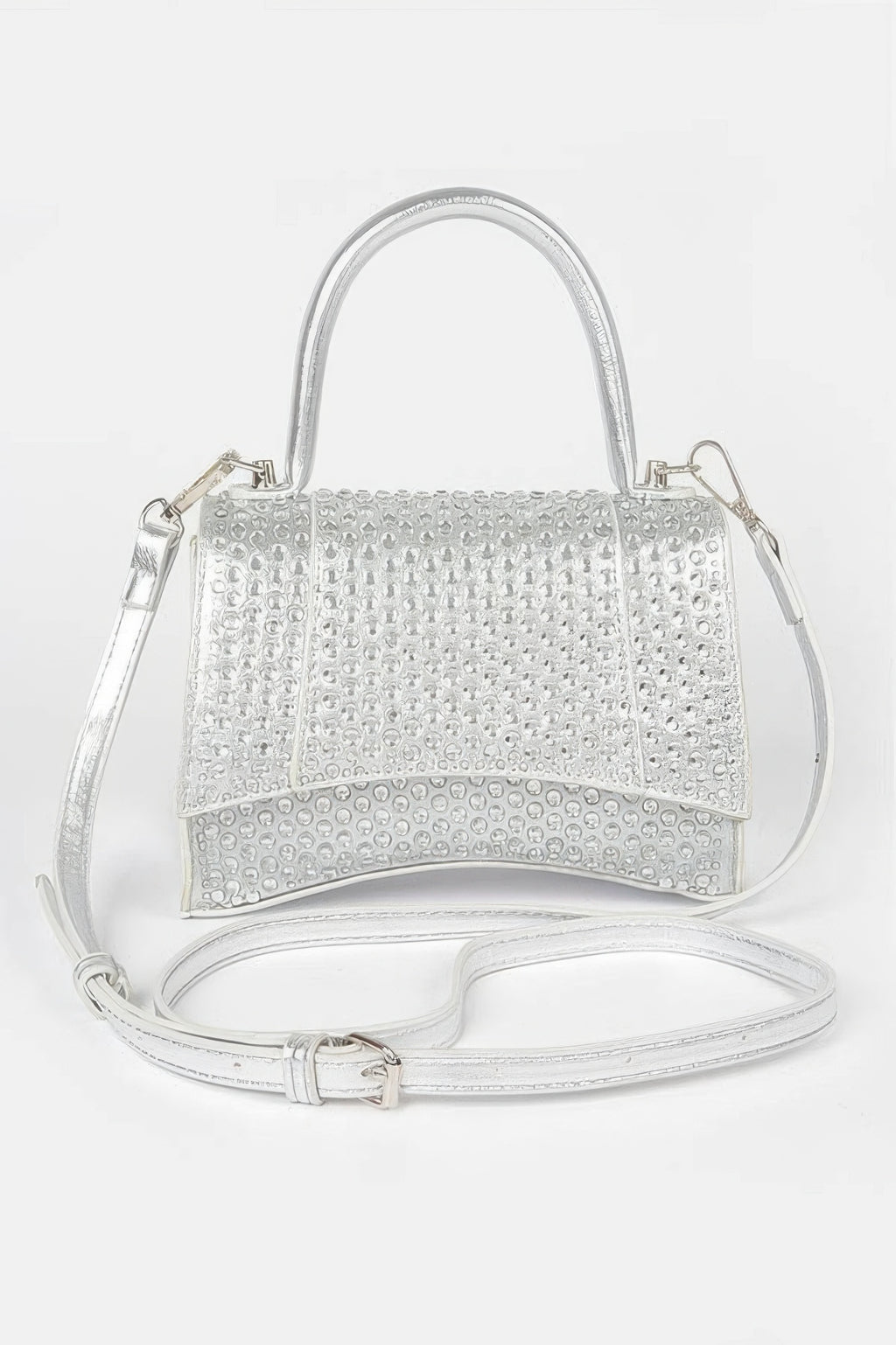 Metallic rhinestone hotfix top-handle flap bag, silver color, with crossbody strap