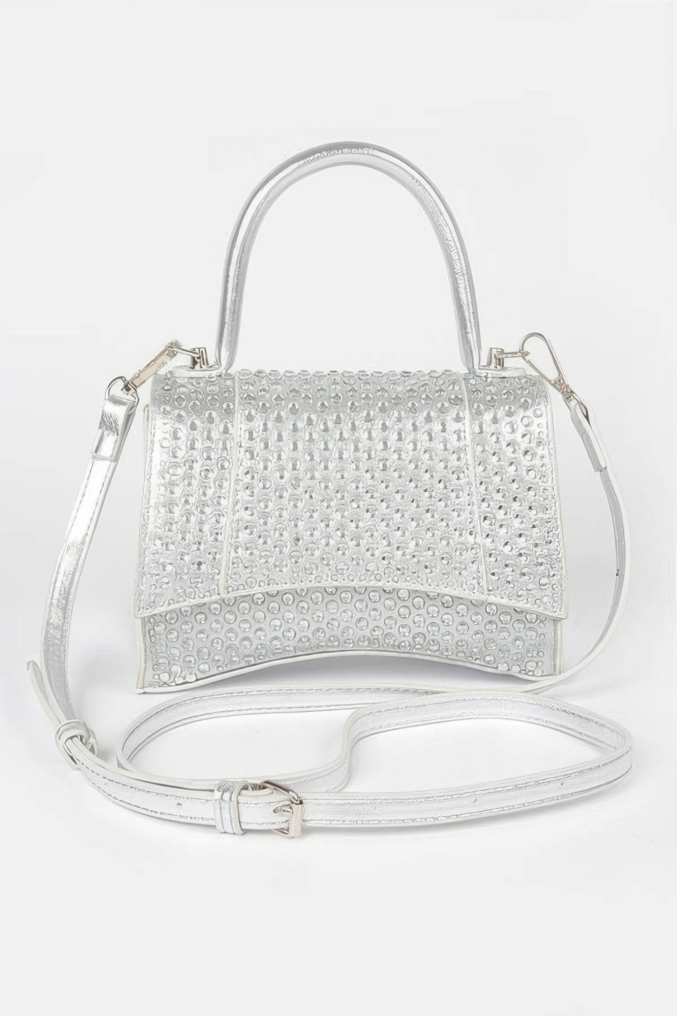Metallic rhinestone hotfix top-handle flap bag, silver color, with crossbody strap