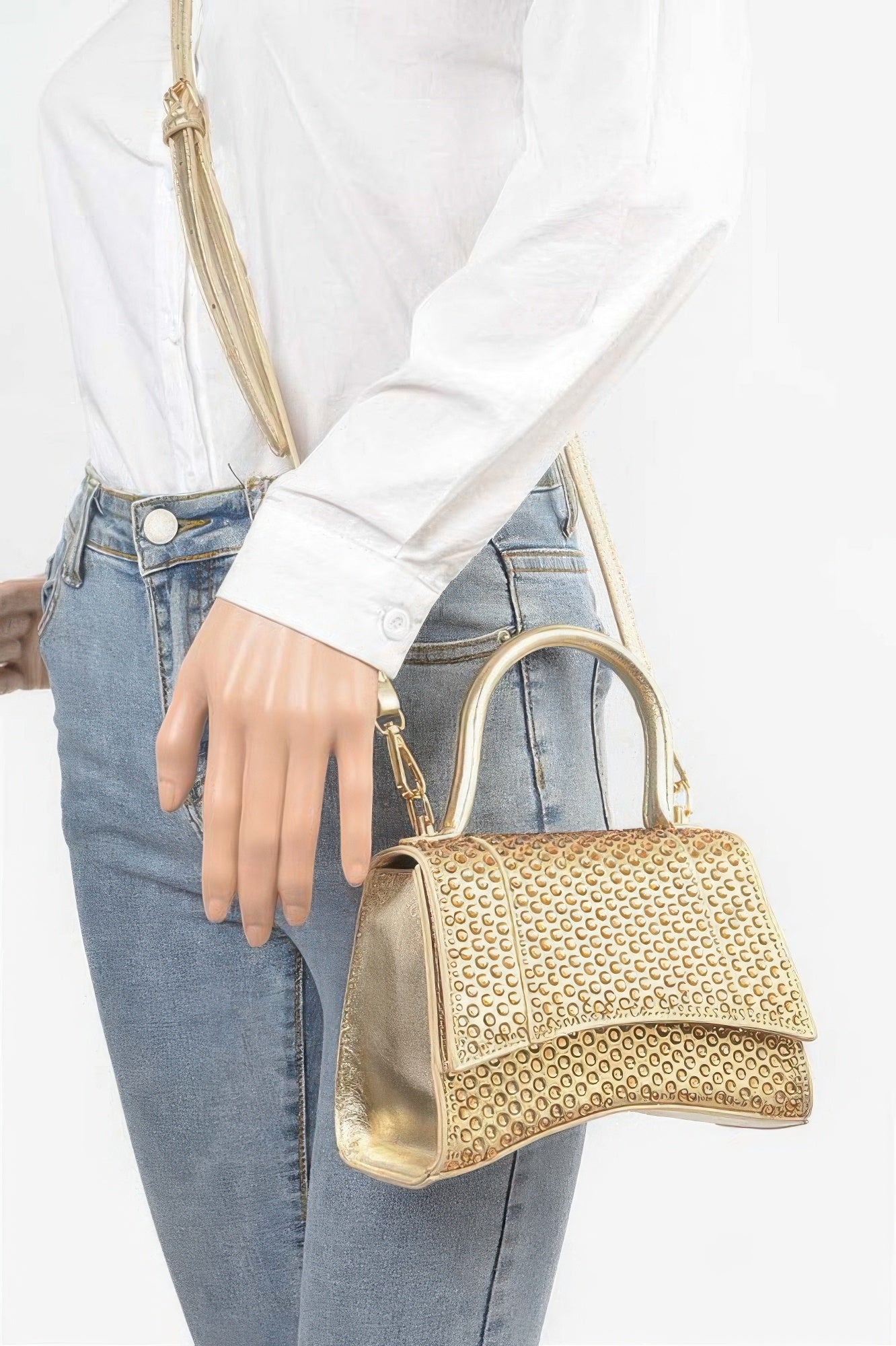 Metallic rhinestone hotfix flap bag in gold with top handle and shoulder strap