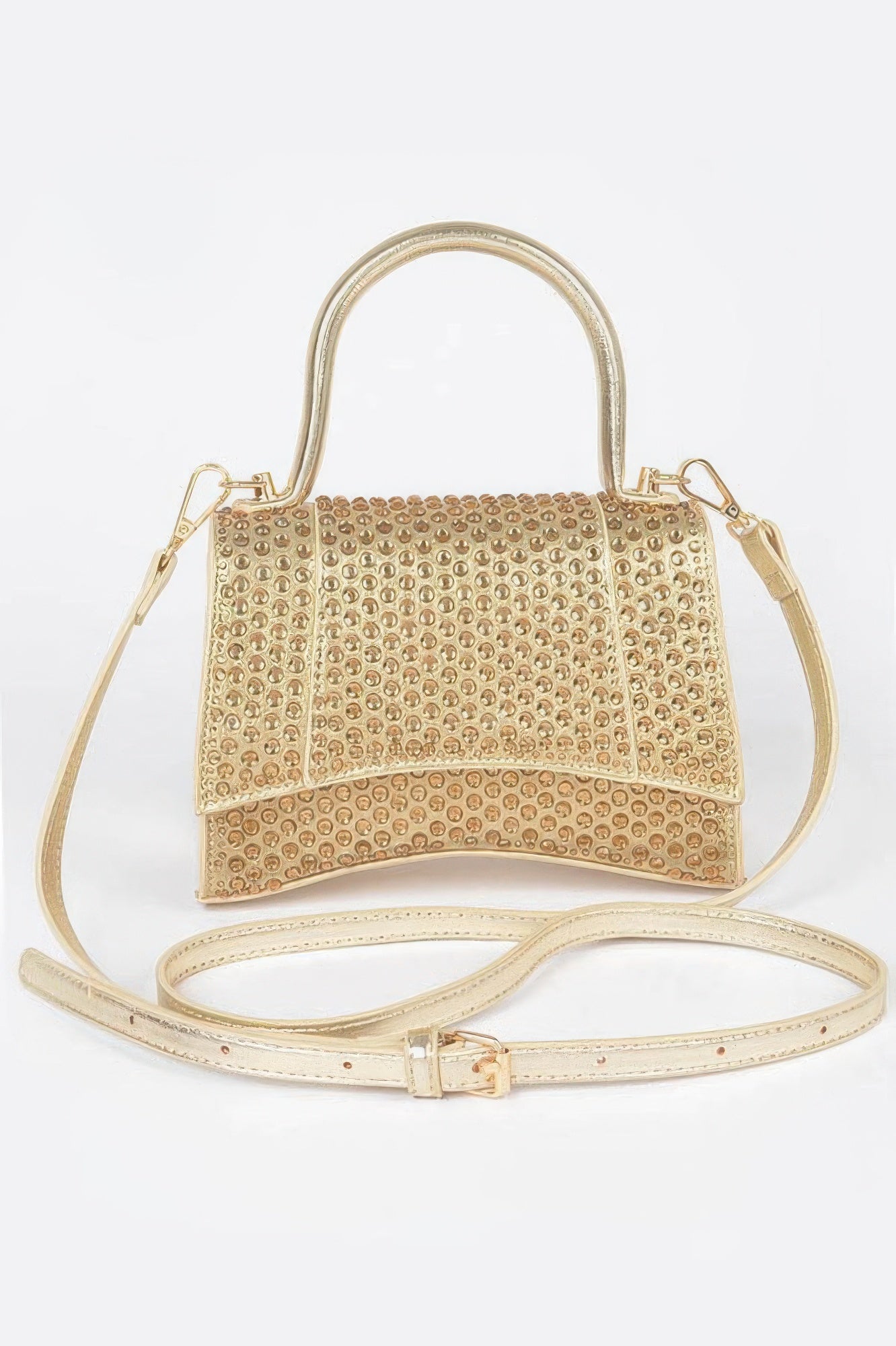 Metallic rhinestone hotfix top-handle flap bag, gold, front view with crossbody strap