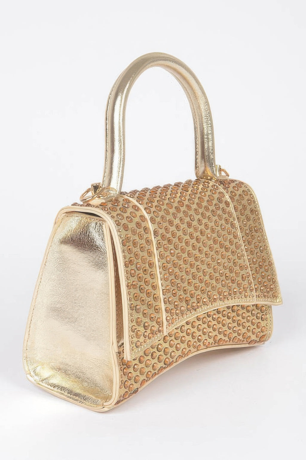 Gold metallic rhinestone hotfix top-handle flap bag, side view with short handle