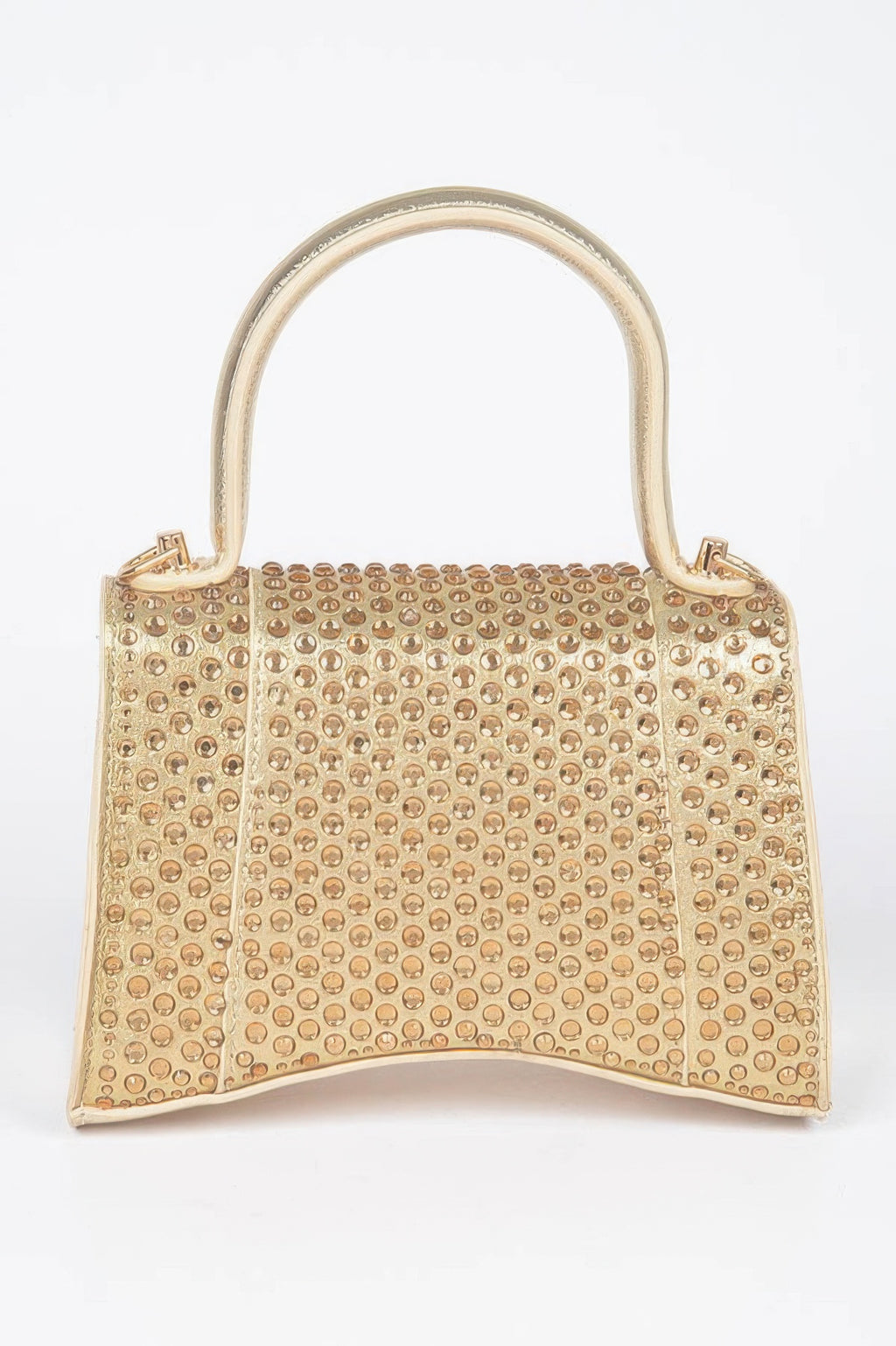Champagne-gold rhinestone hotfix top-handle flap bag, front view