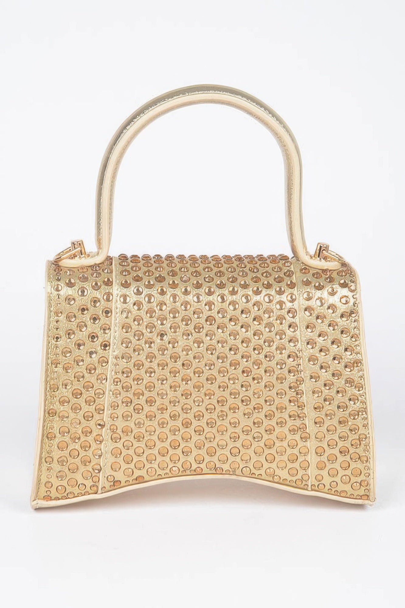 Champagne-gold rhinestone hotfix top-handle flap bag, front view