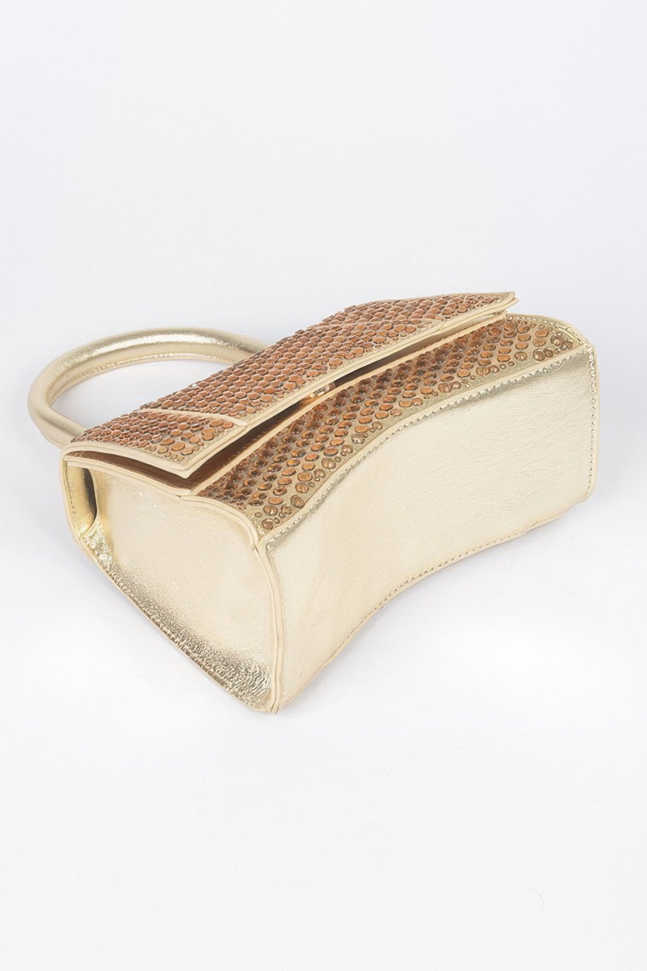 Gold metallic rhinestone hotfix flap bag, angled side view with top handle