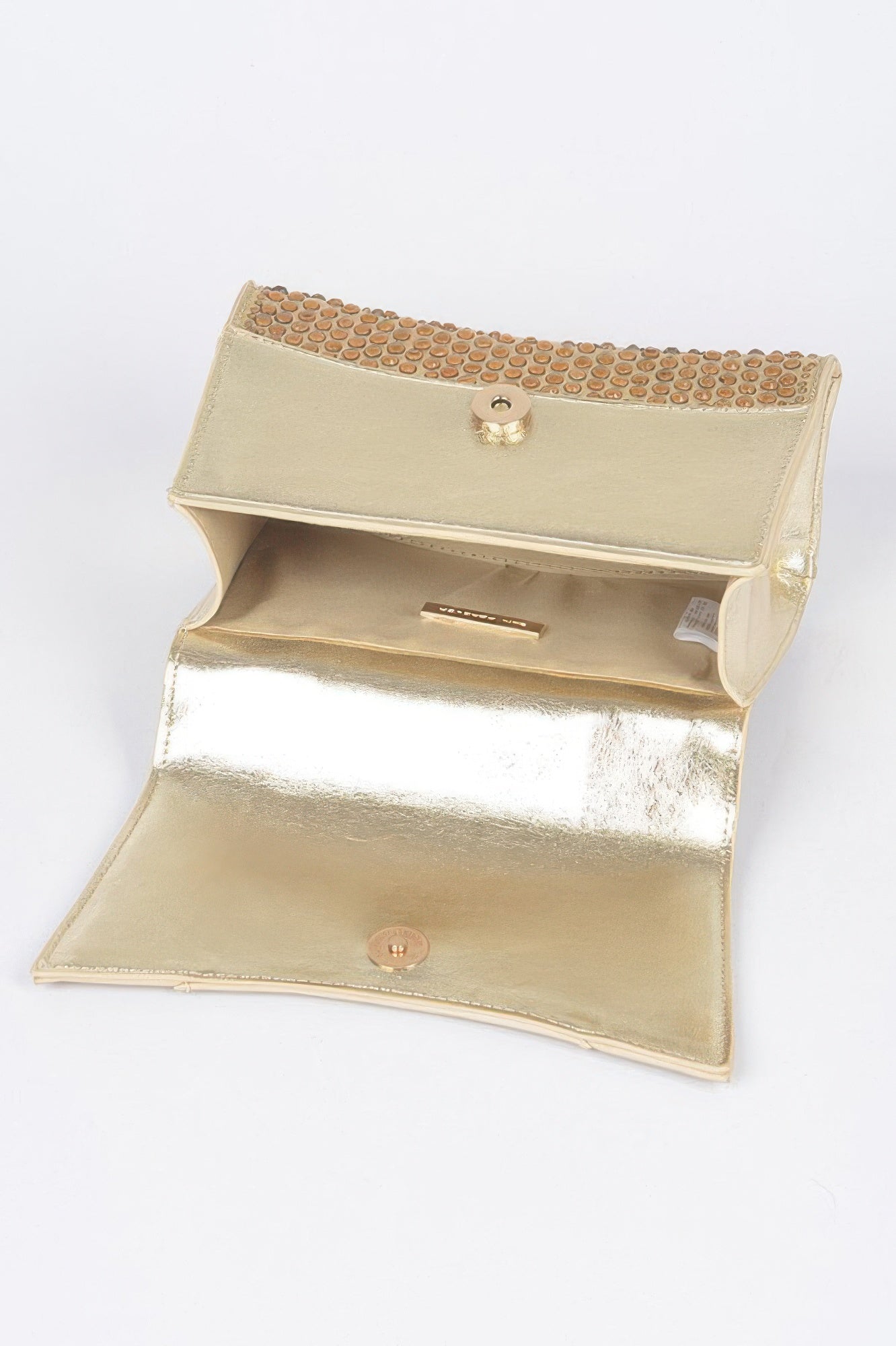 Gold rhinestone hotfix flap bag open, showing inner compartments and snap closure