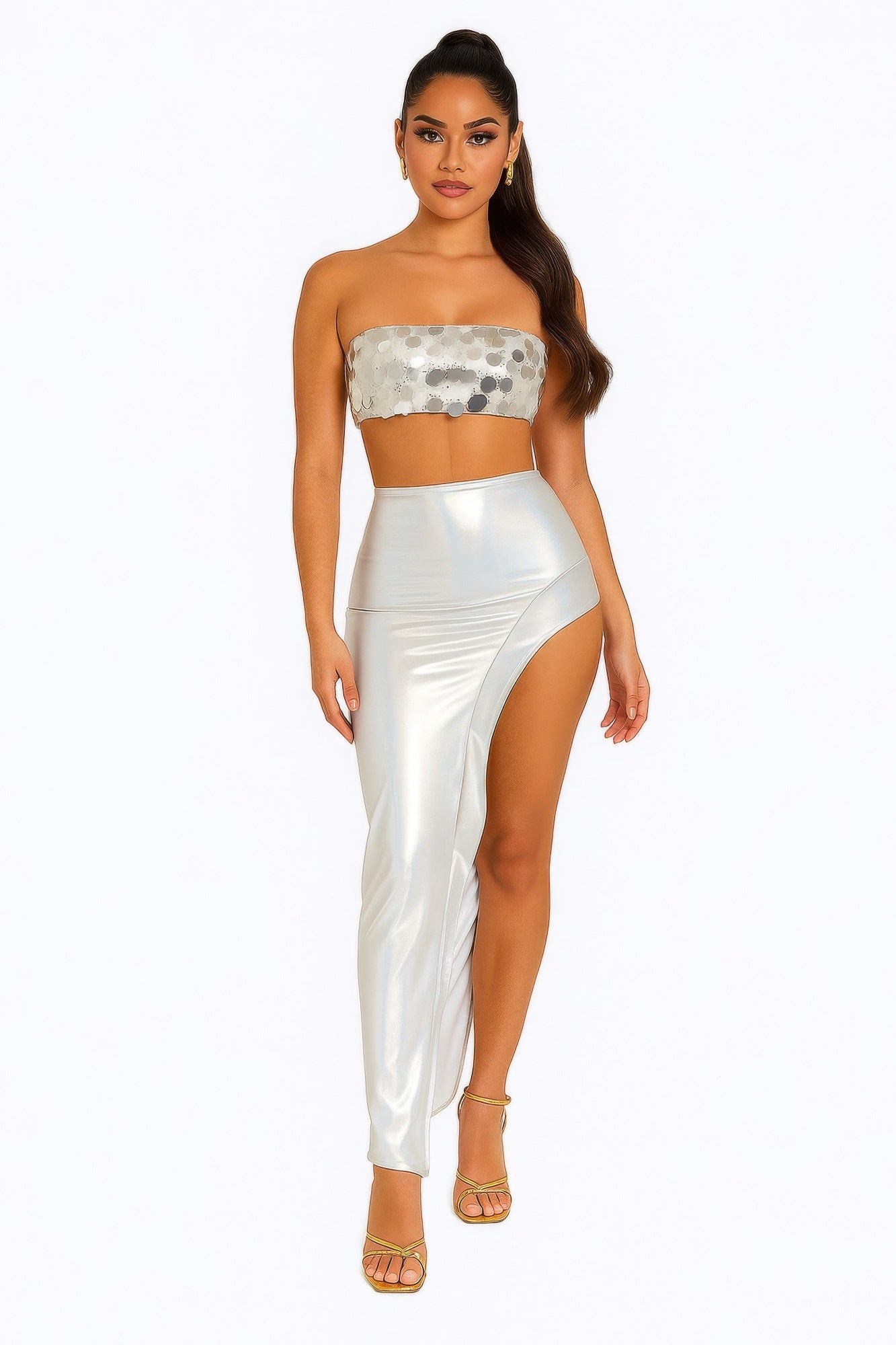Metallic sequin bandeau crop top with silver high-slit satin maxi skirt set