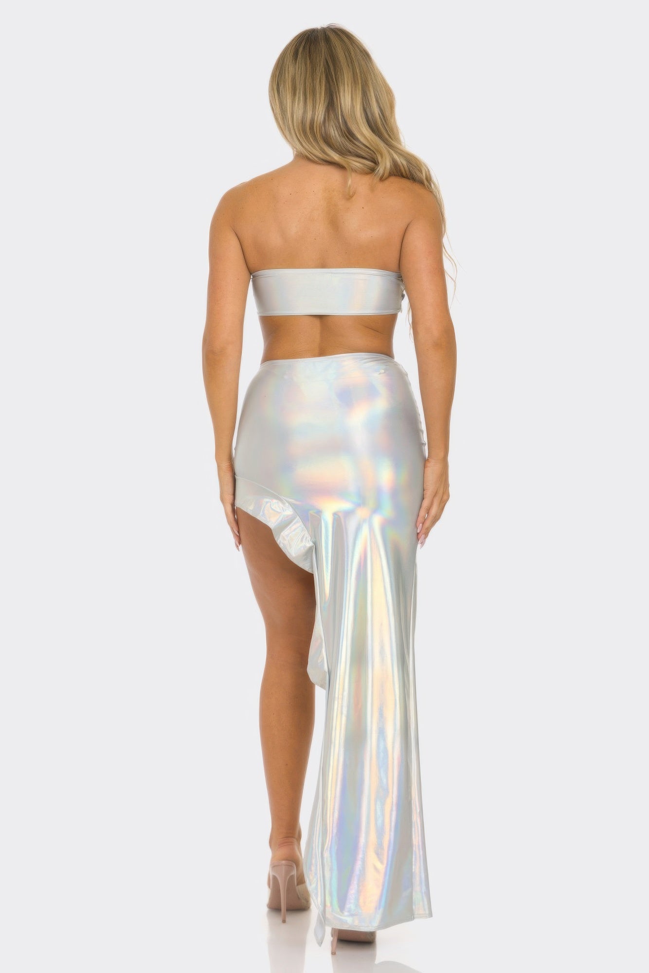 Back view: silver metallic satin maxi skirt with high slit and bandeau crop top