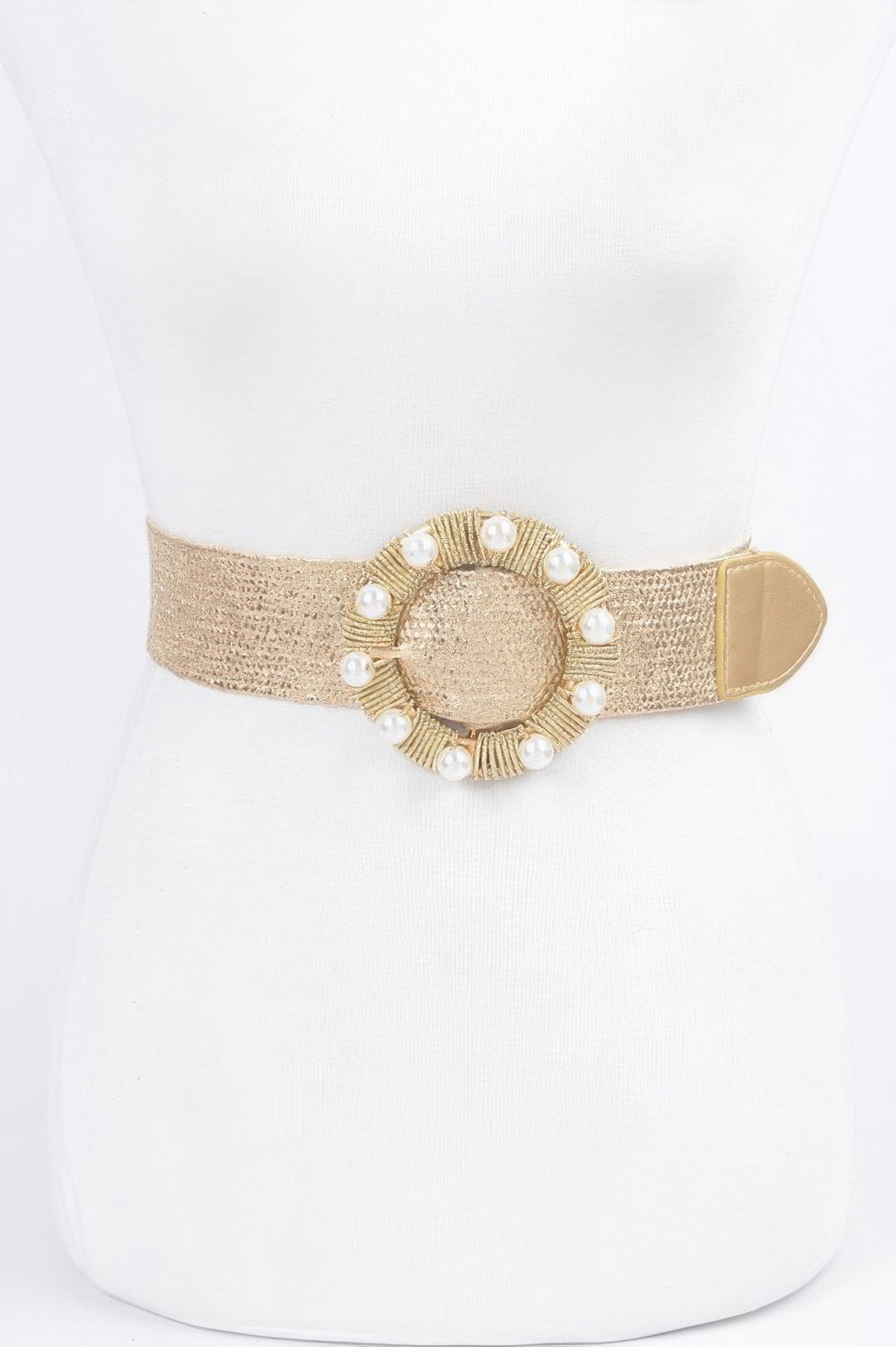 Metallic stretch belt, gold tone, round pearl buckle