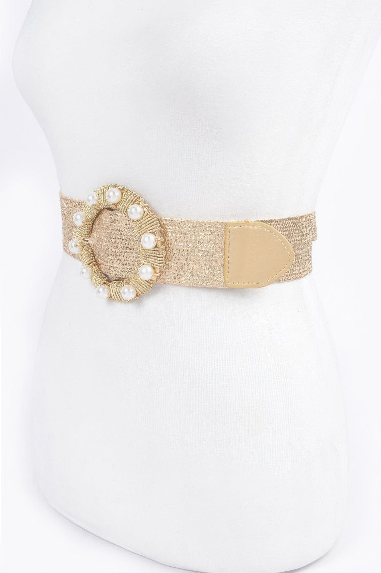 Metallic stretch belt, gold tone, round cabochon buckle with white pearls