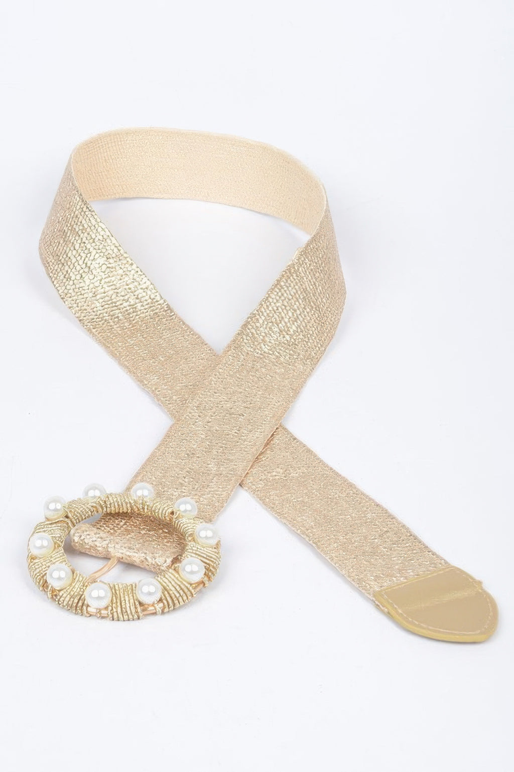 Metallic stretch belt with gold tone wide band and ornate pearl buckle