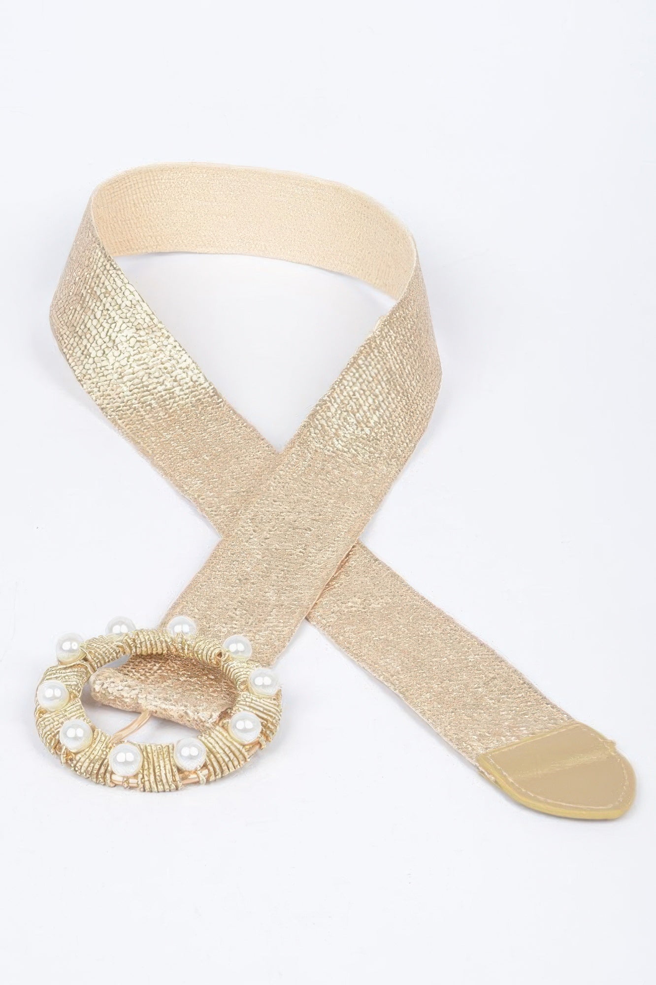 Metallic stretch belt with gold tone wide band and ornate pearl buckle