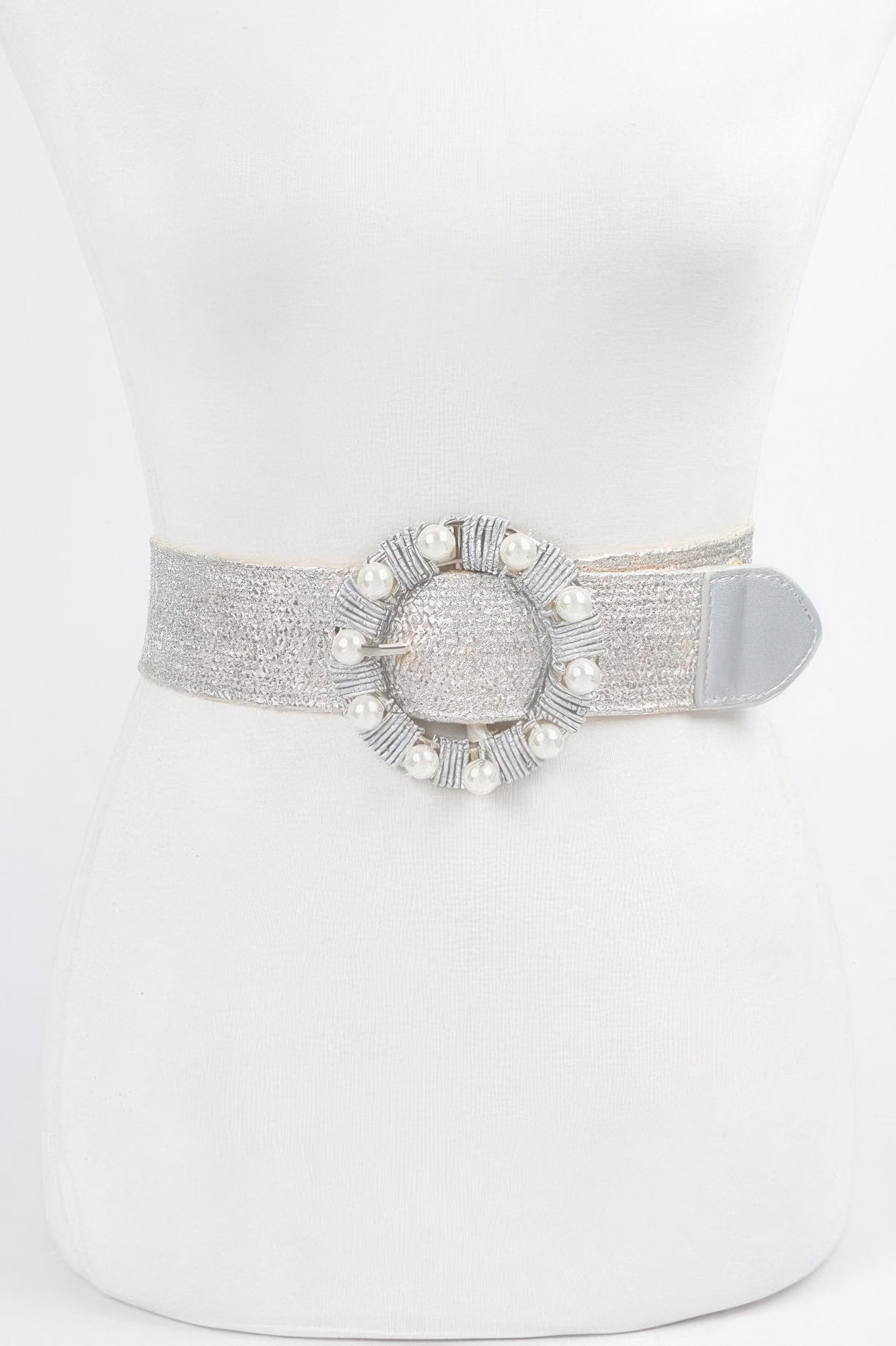 Metallic stretch belt, silver tone, round pearl buckle on wide band