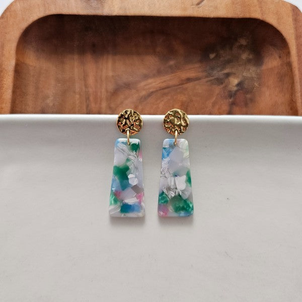 Mia mini earrings: gold filigree studs with blue, green, pink resin rectangle drops