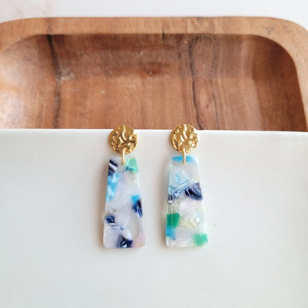 Spiffy & Splendid Mia mini earrings: gold filigree tops with blue-green-pink resin rectangles