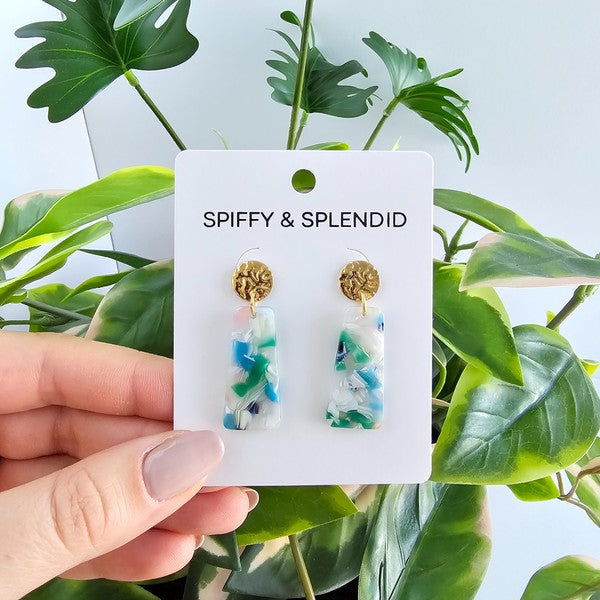 Gold stud tops with dangling blue-green swirled acrylic rectangles