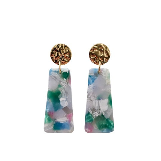 Pair of mini dangle earrings: gold round tops with blue-green swirled acrylic rectangles