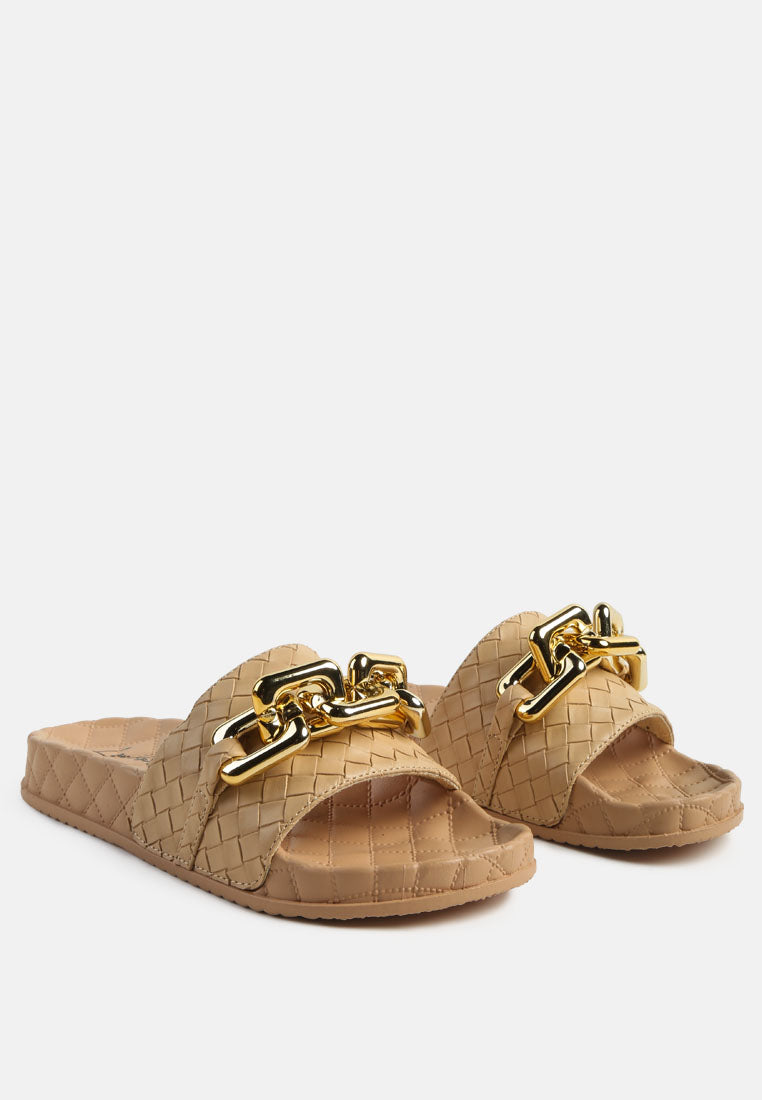 Miami Shot Bling Chain Strap Woven Slip On Flats - Tigbul's Variety Fashion Shop
