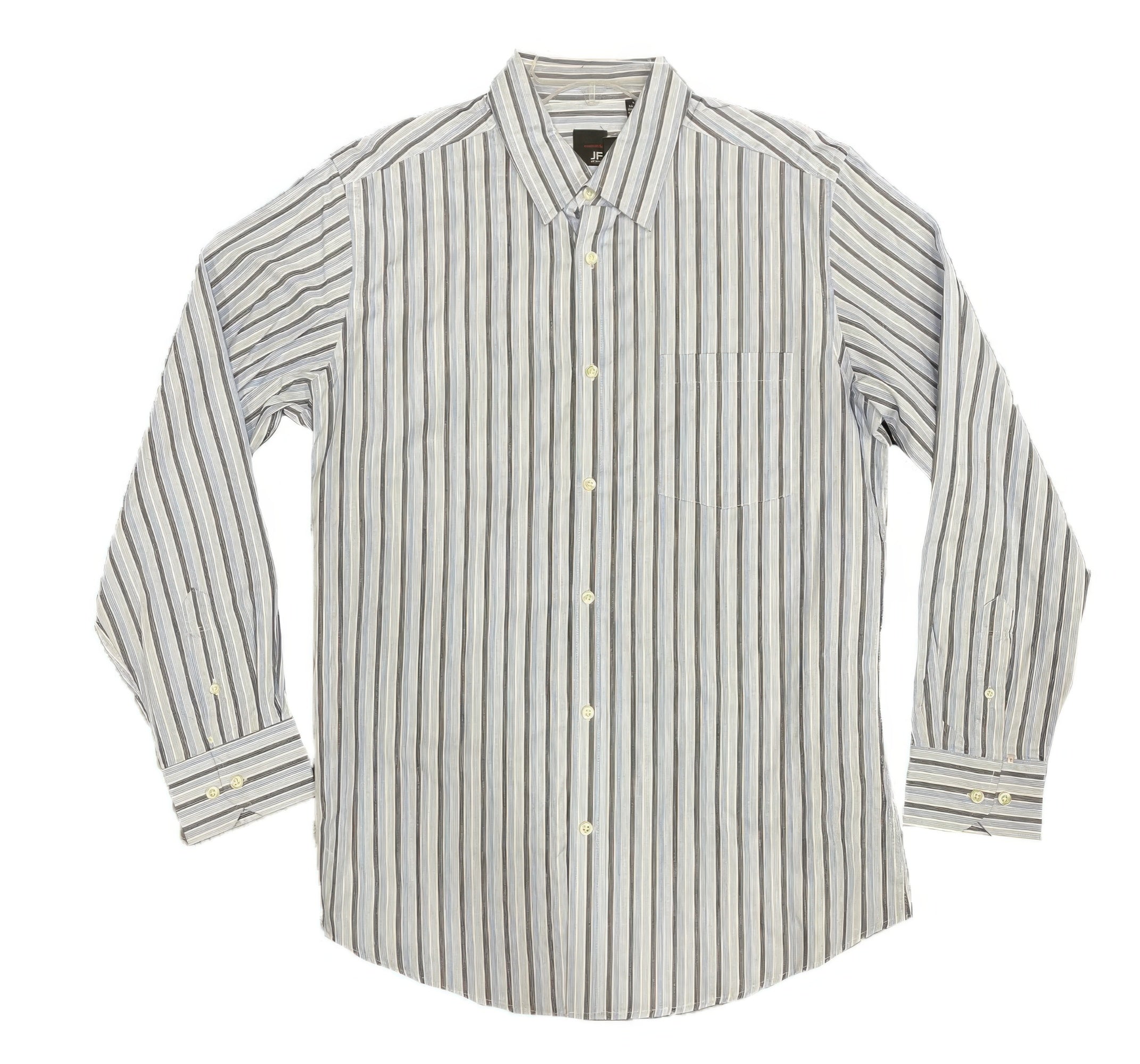 Long-sleeve striped shirt with light gray vertical stripes and button front
