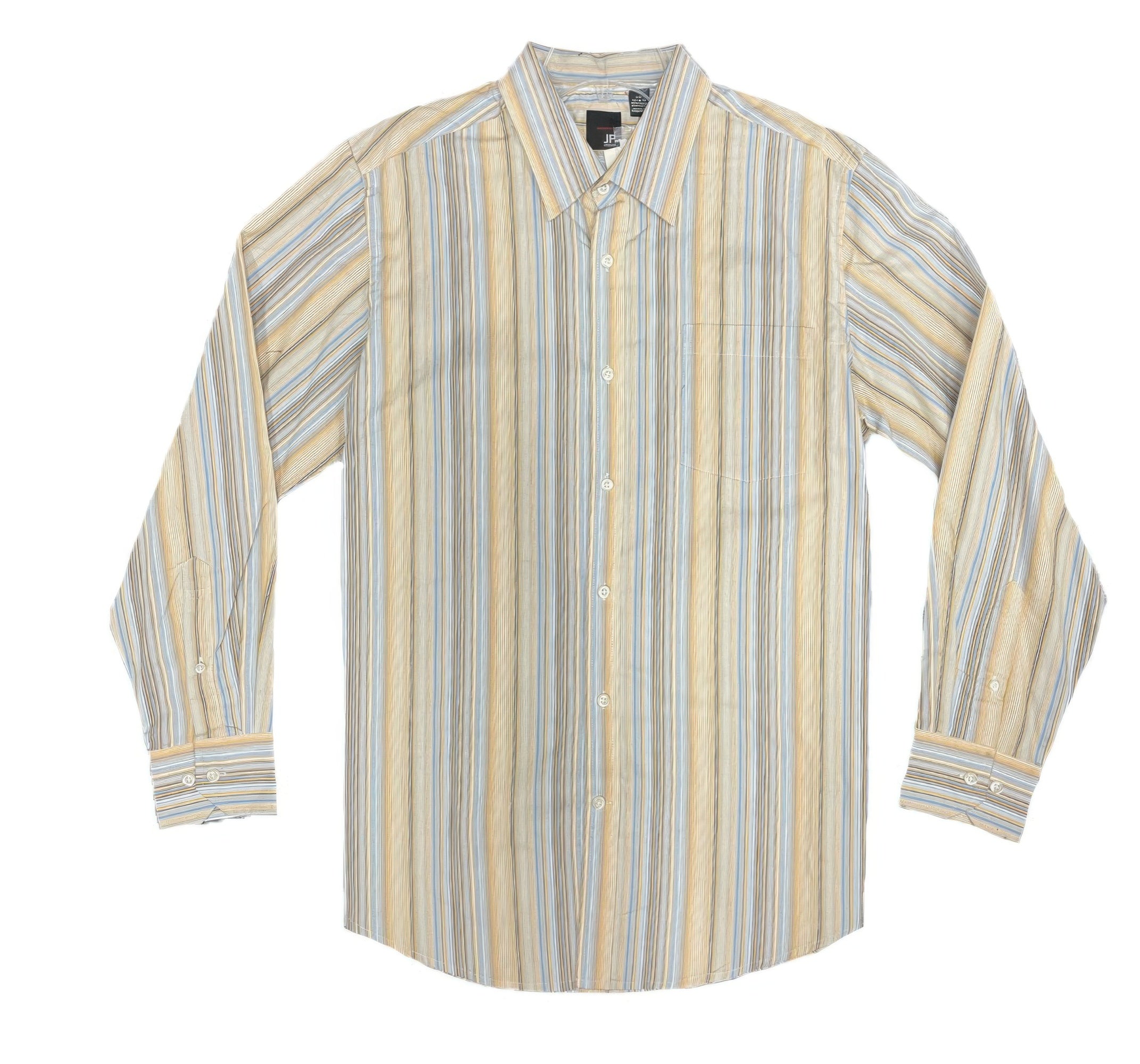 Long-sleeve striped shirt with pale yellow and blue vertical stripes