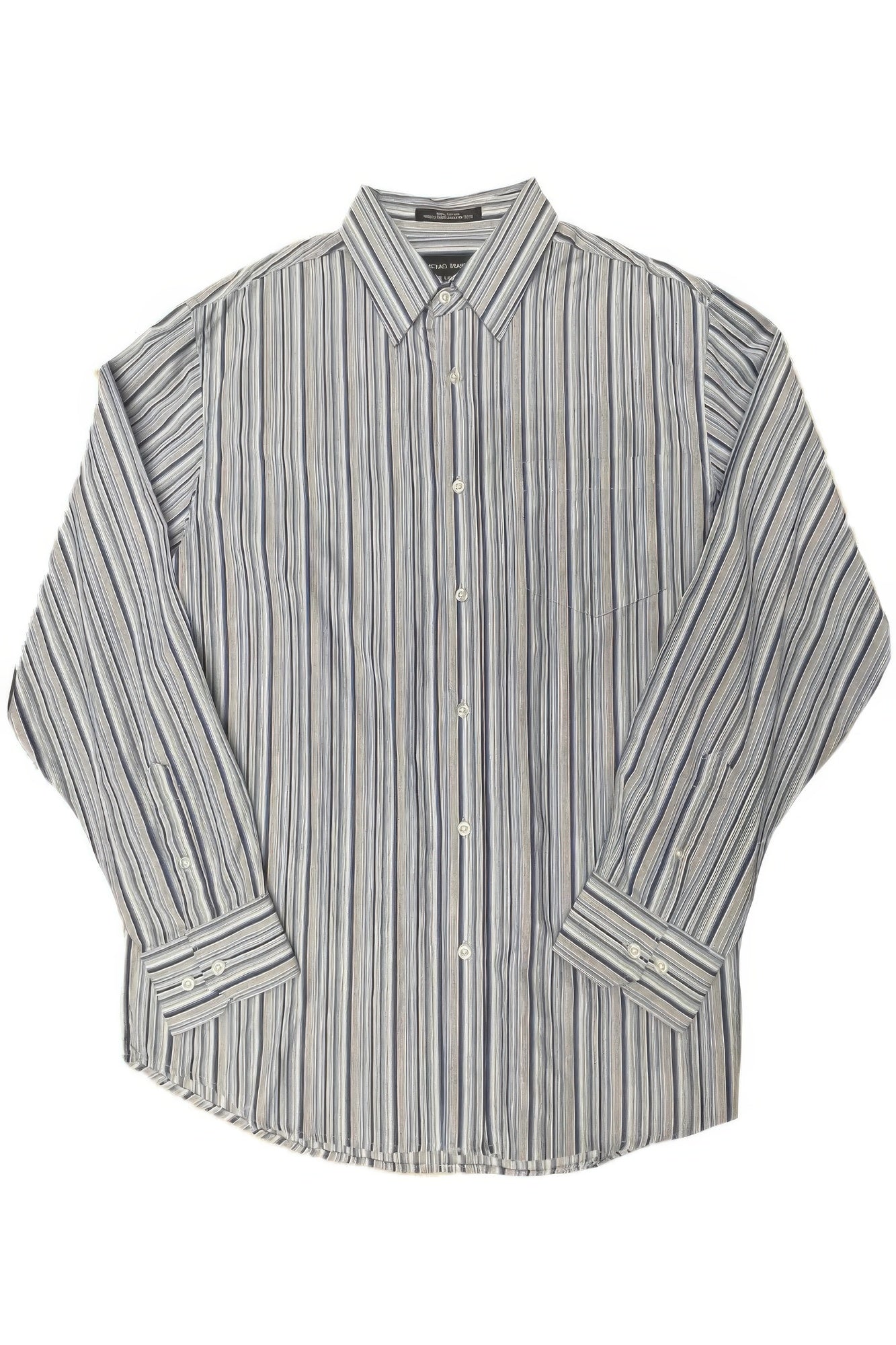 Long-sleeve striped shirt in dark blue/gray vertical stripes with button front