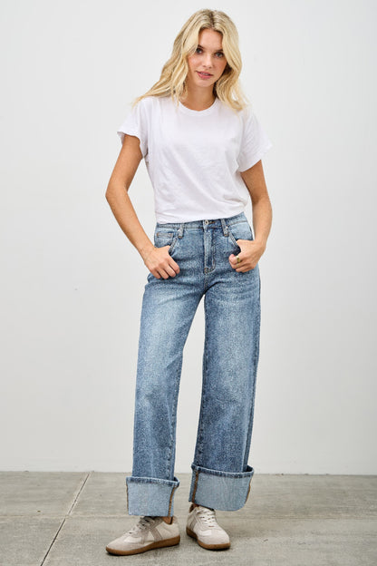 Mid Rise Cuffed Jeans With Stretch - Tigbul's Variety Fashion Shop