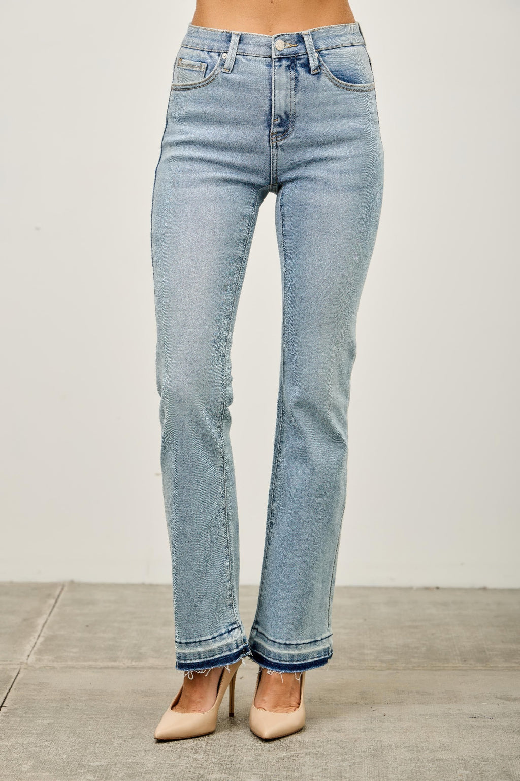 Front view mid-rise flare jeans with released hem, light blue denim