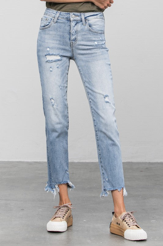 Mid Rise Raw Hem Straight Jeans - Tigbul's Variety Fashion Shop