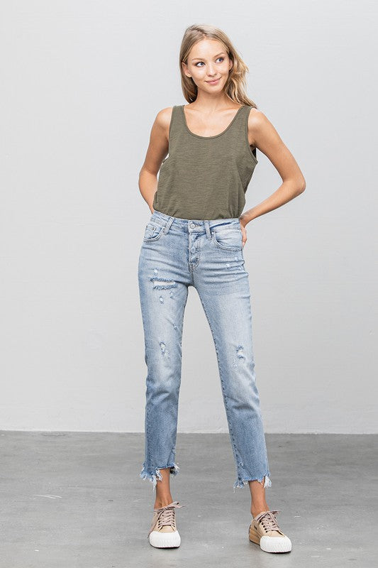 Mid Rise Raw Hem Straight Jeans - Tigbul's Variety Fashion Shop