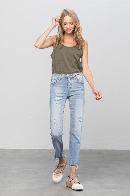 Mid Rise Raw Hem Straight Jeans - Tigbul's Variety Fashion Shop