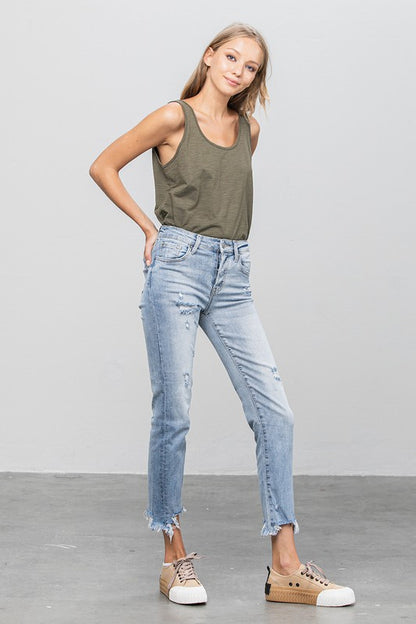 Mid Rise Raw Hem Straight Jeans - Tigbul's Variety Fashion Shop