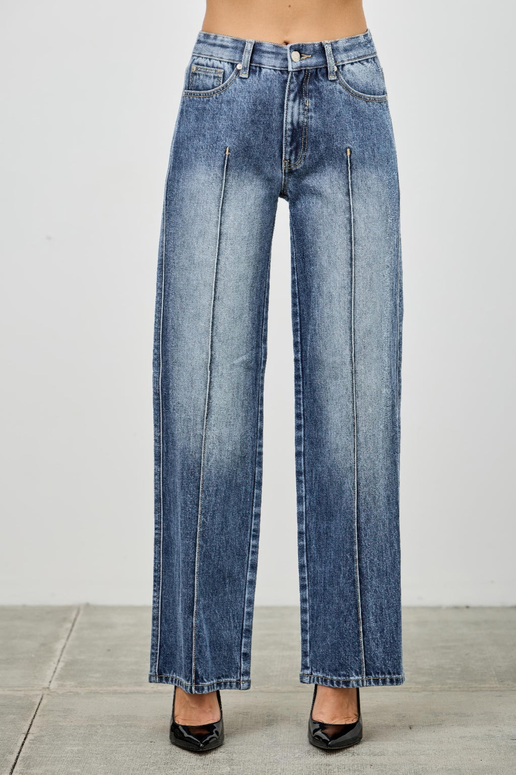 Mid-rise straight jeans with pintuck seams, light blue denim, button fly