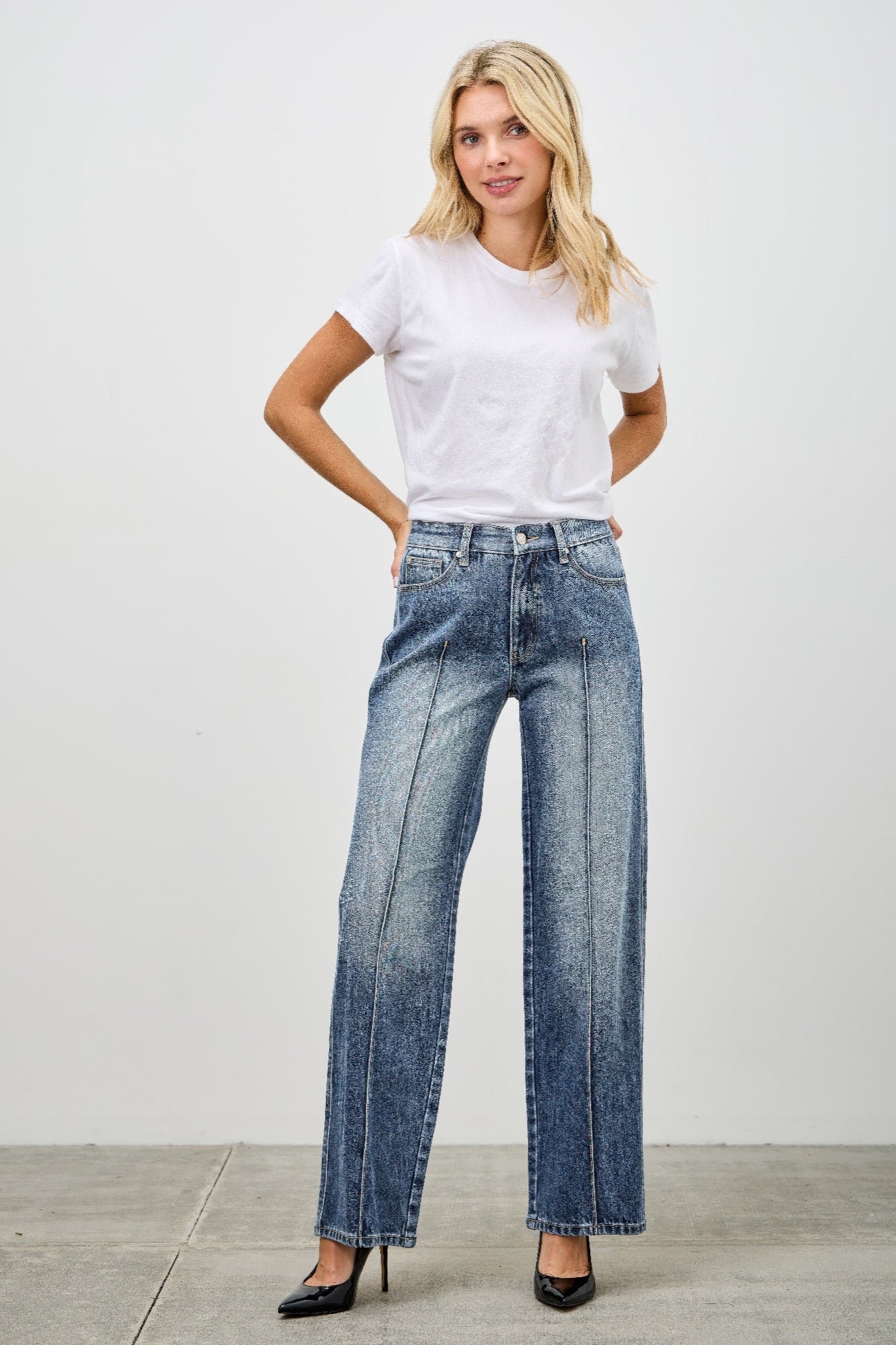 Straight-leg jeans with pintuck seams, mid rise waist, light blue denim, front view