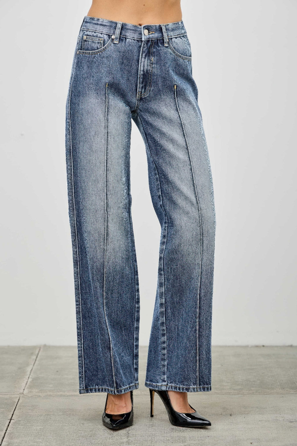 Back view: mid-rise straight jeans with pintuck seams, light blue denim, belt loops