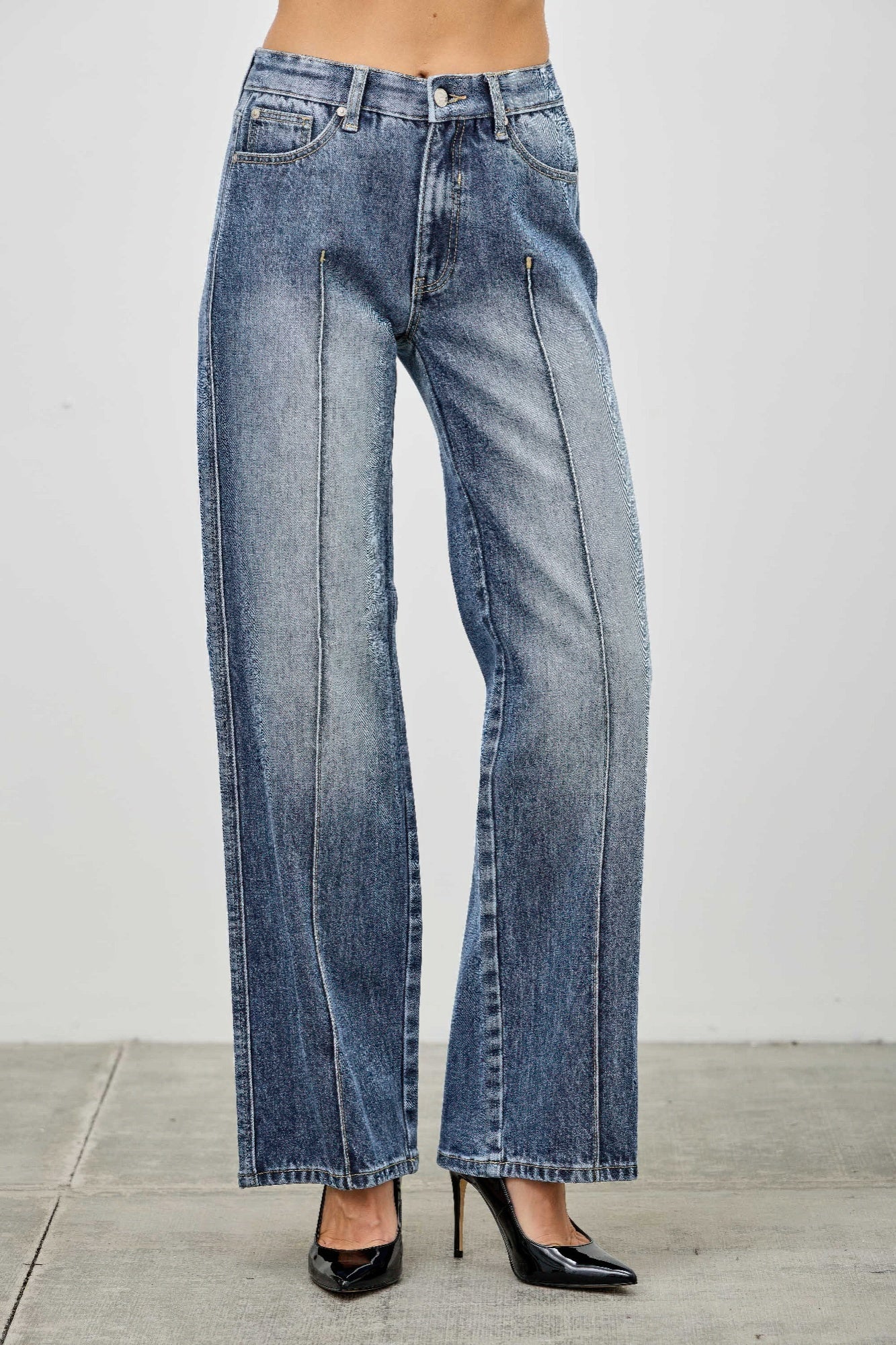 Back view: mid-rise straight jeans with pintuck seams, light blue denim, belt loops