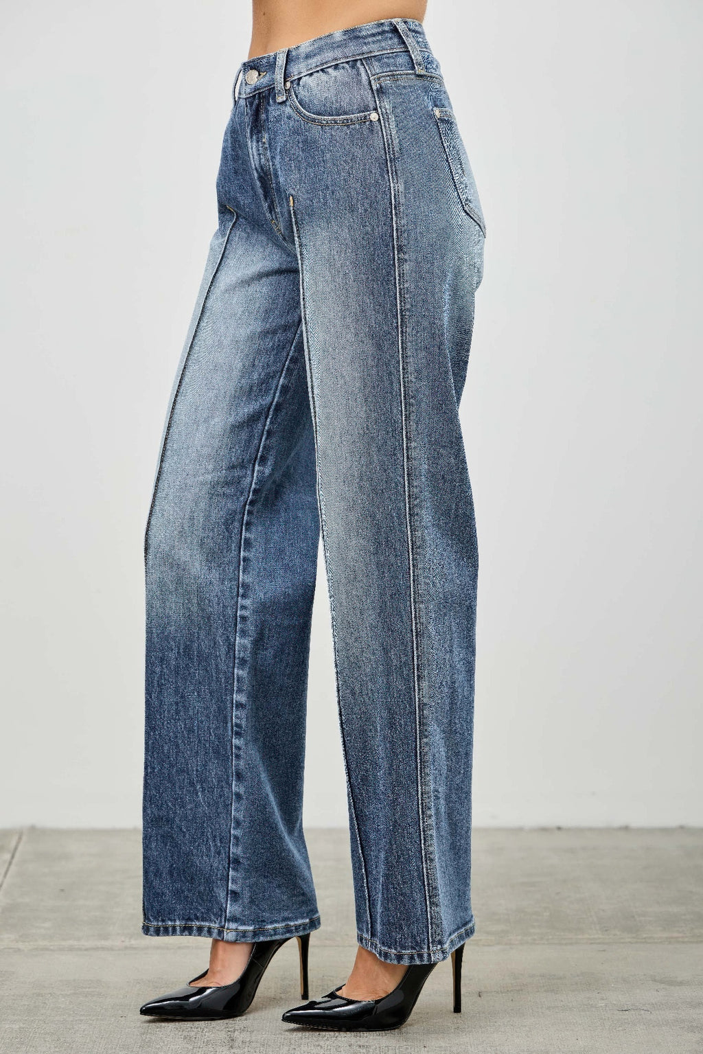 Blue mid-rise straight jeans, back view, belt loops and patch pockets